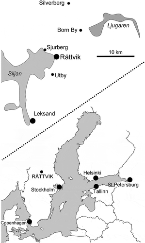 Figure 1. Localities for Pollicina cyathina Koken, Citation1897 in the Rättvik area of Dalarna, central Sweden.