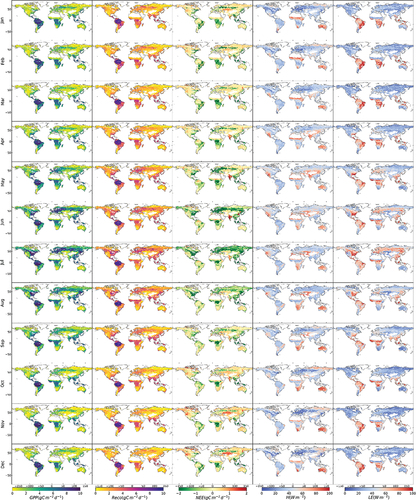 Figure 7. Multi-year averaged monthly upscaled GPP, Reco, NEE, H, and LE fluxes.