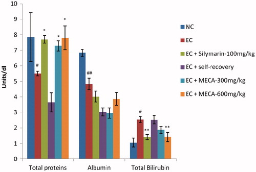 Figure 2. Effect of methanol extract of Cassia auriculata (MECA) roots on serum total proteins, albumin and total bilirubin in ethanol induced hepatotoxic rats. N = 6; Values are mean ± SEM. NC: normal control; EC: ethanol control. #p < 0.05, ##p < 0.01 as compared to normal control group. *p < 0.05, **p < 0.01 when compared to ethanol control group. Data analyzed by one-way ANOVA followed by Dunnet’s multiple test for comparison.