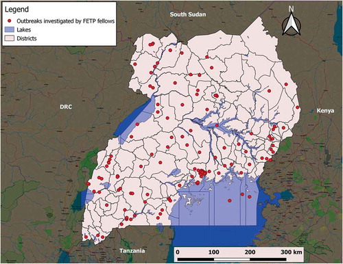 Figure 1. Map of Uganda showing distribution of outbreaks investigated by FETP Fellows countrywide, 2015–2018.
