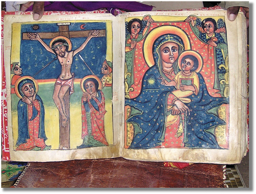 Figure 12. The ubiquitous image of Mother Mary nurturing baby Jesus found throughout Ethiopia & the Christian world. Though Ethiopian Orthodox tradition prohibits statues of Mary, it allows for vivid icons of the Madonna & Christ. These icons are thus part of a visual, verbal & literary tradition dating back to the Dawn of the Abrahamic Faiths, harkening back to the Dawn of human history & born in the heart of Africa. (The Monastery of Debra Laganos, Axum).