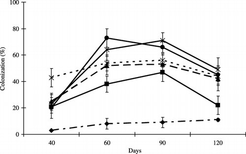 Figure 3  Root colonization at each harvest time. Bars represent standard deviations of the means of three replicates. Differences among the levels of peat addition were determined using an anova (P = 0.03, 0.001, 0.001 and 0.001 at 40, 60, 90 and 120 days, respectively). Peat addition rate: 0% (–⧫–), 2.5% (–▪–), 5% (–▴–), 10% (--×--), 15% (–×–) and 20% (–•–) (w/w).