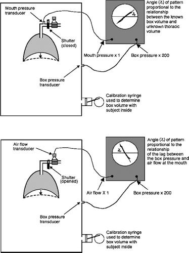 Figure 3 Simplified schematic diagrams of a body plethysmograph set up to measure lung volume (upper panel) and airway resistance (lower panel). See text for explanation.