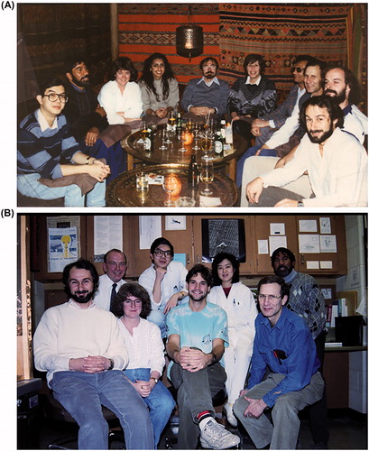 Figure 7. Atwood lab group photos from 1987. (A) Peter Nguyen, Leo Marin, Marianne Hegström-Wojtowicz, Rubina Malik, Joffre Mercier, Lenore Atwood, S.S. Jahromi, Harold Atwood, Don Dixon, and Martin Wojtowicz. (B) Back row – Klaas Danser, Peter Nguyen, Rong Luo, and Leo Marin. Front row – Martin Wojtowicz, Marianne Hegström-Wojtowicz, Chris Hempel, and Harold Atwood.