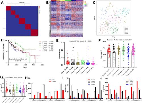 Figure 1 LIHC subtype identification. (A) In total, 423 LIHC samples were clustered into six groups using the consensus clustering matrix (K=6). (B) Heatmap plot of470 stem cell-related genes distributed into six clusters. (C) t-SNE analysis of 423 LIHC samples based on the expression levels of 470 stem cell-related genes. (D) Survival analysis of the six different clusters. (E) Immune scores between the six different clusters.Comparisons of the clinical characteristics, (F)age, (G) BMI, (H) sex, (I) histological grade and (J) pathology stage, among the six different clusters.