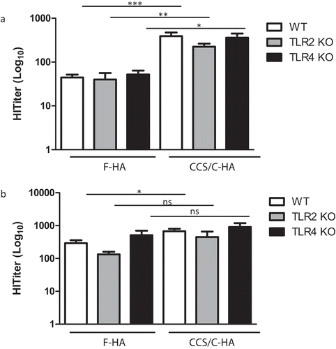 Figure 2. TLR2 and TLR4 do not contribute to antiviral immunity induced by F-HA and CCS/C-HA