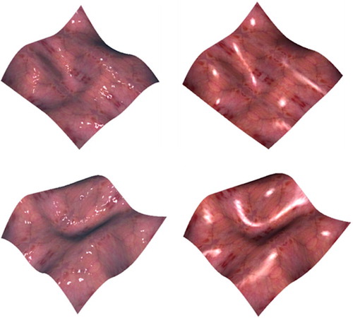 Figure 2. Different views of a surface patch rendered using the proposed method (left) and the OpenGL multi-texturing approach (right). Notice the plastic-like surface and the hexagonal shape of the specular highlights with the multi-texturing method. [Color version available online.]