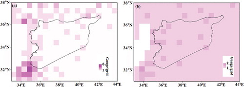 Figure 3. Number of gauges per grid in and around Syria used for the preparation of (a) GPCC and (b) CRU data.