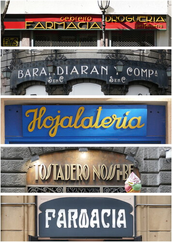 Figure 4. Distinctive lettering on fascia panels in Bilbao, as featured in Atxaga Arnedo Koldo’s book Bilbao Tipográfico: Los Rótulos Comerciales y Otras Gráficas Urbanas (translated as Typographic Bilbao: Commercial signs and other urban graphics). Photography: © 2022 Robert Harland.