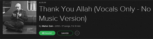 Figure 2. Maher Zain’s album Thank You Allah as presented on Spotify in Vocals-Only–No Music version.