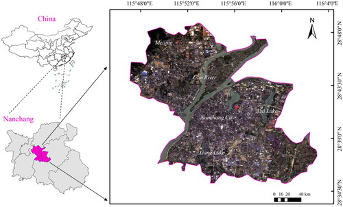 Figure 1. Location of study area, with true colour composite map illustrating full extent of the study area.