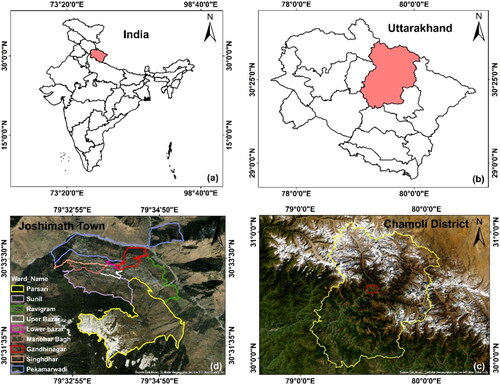 Figure 3. Location of study area – (a) map of Indian states and union territories, (b) districts map of Uttarakhand state, (c) administrative boundary of Chamoli district, and (d) wards map of Joshimath town.