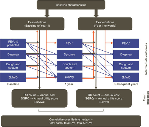 Figure 1 Linked-risk equation model. Blue lines indicate the relationship between central attributes in different time periods and orange lines indicate the relationship between intermediate outcomes and exacerbations. Black lines indicate the relationship between the central attributes and the ﬁnal health outcomes.