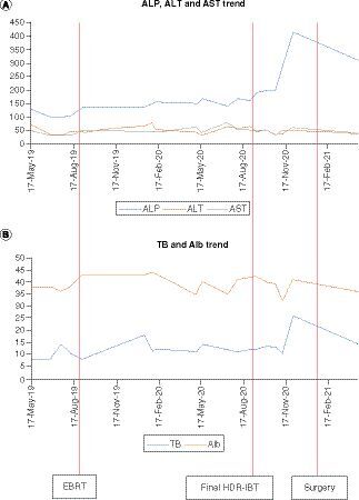 Figure 4. Trends of AST, ALP and ALT (A) and total bilirubin, albumin (B).AST: Aspartate aminotransferase; ALP: Alkaline phosphatase; ALT: Alanine transaminase.