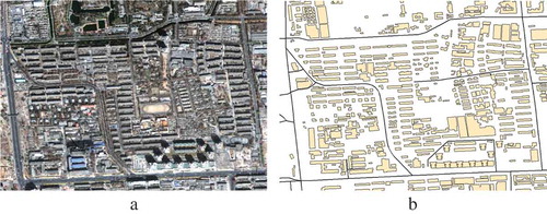Figure 10. Test data. (a) Quickbird image in Beijing city and (b) existing vector buildings and roads.