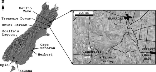 Figure 1  Location of fossil deposits in the South Island discussed in this paper, and location of the Late Glacial Glencrieff miring bone deposit in North Canterbury, South Island, New Zealand (insert).