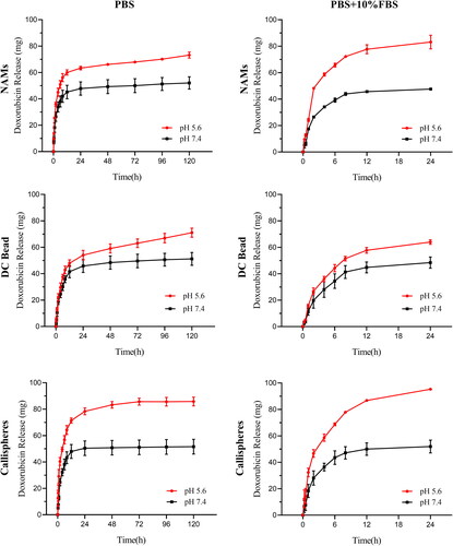 Figure 2. Doxorubicin release amount of NAMs, DC Bead and Callispheres in PBS with or without 10% FBS at pH = 5.6 or pH = 7.4. Error bars indicate standard deviations. (n = 3).