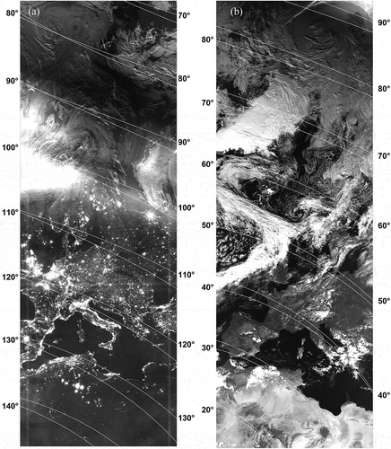 Figure 5. HNCC imagery showing Europe and North Africa (a) in the night-time at new moon (1 September 2016 from 00:44:42Z to 01:13:08Z) and (b) during daytime (1 September 2016 from 12:18:53Z–12:44:28Z). Grid lines show the sun zenith angle (numbers right of images) and the moon zenith angle (numbers left of images) in degrees.