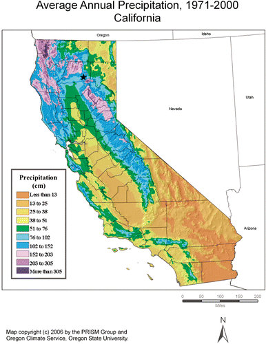 Figure 1 Annual average precipitation. Map constructed by the PRISM Climate Group (formerly the Spatial Climate Analysis Service) at Oregon State University. The star indicates the location of Lassen Volcanic National Park (LVNP), and the legend was modified to indicate precipitation in centimeters rather than inches.