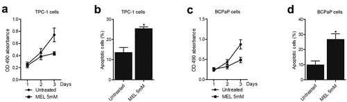 Figure 3. MEL treatment suppressed the expression of miR-30e and miR-21 while enhancing the lncRNA-CASC7 and PTEN mRNA expression as well as H2S production in the tumor tissues of nude mice (* P value < 0.05, vs. control group).