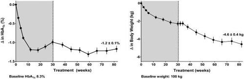 Figure 2 Mean ± SE change from baseline in glycemia (HbA1c) (%) and body weight over 82 weeks of 10 μg exenatide treatment in open-label extension studies of placebo-controlled trials (grey) (n = 265).