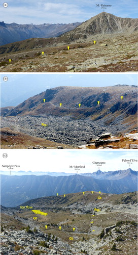 Figure 4. (a) A 400 m long counter slope involving talus deposits of Truc Plain is visible in the foreground (yellow triangles). Photo taken from Truc Plain (2440 m), view looking SSW (Long. 7°7′54″, Lat. 44°36′48″) . (b) Impressive uphill-facing scarp (yellow triangles), 750 m long, along the eastern margin of Truc Plain. Photo taken from Traversie (2500 m), view looking SSW (Long. 7°8′5″, Lat. 44°37′17″). Rg1 indicates an inactive rock glacier. (c) Antislope scarps (yellow triangles) involving the glacial till (Gt) and the lateral moraine system of the Lobbie glacier. Notice that the inactive rock glacier (Rg1) is not displaced by gravitational collapse. Photo taken from the southern slope of the Guglie Peak (2500 m a.s.l.), view looking SSW (Long. 7°7′15″, Lat. 44°37′1″).