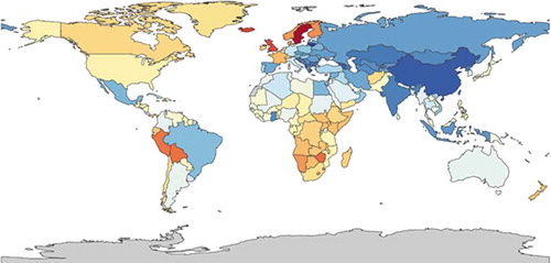 Figure 5. Global prevalence of atopic dermatitis both sexes, all ages 2015, ranging from 1,200 (dark blue) to 6,400 (red) per 100,000 (https://vizhub.healthdata.org/gb-compare/)