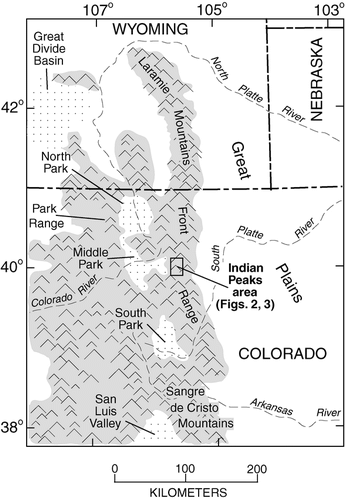 FIGURE 1.  Map of north-central Colorado and parts of adjacent states, showing mountain ranges, semiarid steppe basins in intermountain areas, major rivers, and location of the Indian Peaks Wilderness Area