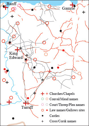 Fig. 3. Routeways re-drawn from a series of eighteenth-century estate plans (in grey) overlain with the pre-modern routeways suggested from the 1st-edition OS map (in red).