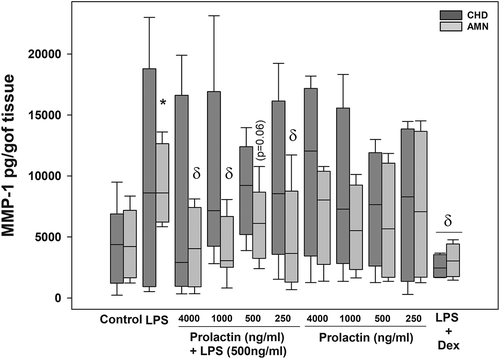 Figure 1. PRL decrease the in vitro secretion of MMP-1 in amnion (AMN) but not in choriodecidua (CHD), following treatment with LPS (E. coli). Graphs show medians with interquartile range of 9 independent experiments. Significant differences (p < .05) are marked (*) between basal condition and LPS, and (δ) between LPS and PRL co-treatment or dexamethasone.