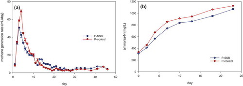 Figure 4. (a) Methane generation rate and (b) ammonia-nitrogen concentration in P-SSB and P-control.