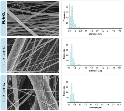 Figure 1. SEM images of the different electrospun samples and their fiber diameter distribution histograms. All images were acquired at a magnification of 4500×; scale bars: 5 µm.