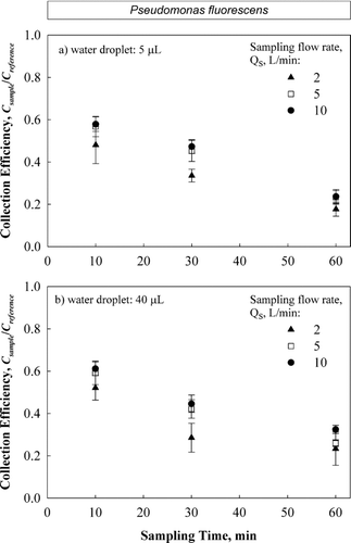 FIG. 7 Collection efficiency based on the 1st water droplet, (a) 5 μ L or (b) 40 μ L, as a function of sampling time (10, 30, and 60 min) at 2, 5, and 10 L/min flow rates and at the 12 V/50 mA charging condition and 7 kV collection voltage with P. fluorescens. The error bars represent standard deviations from three repeats.