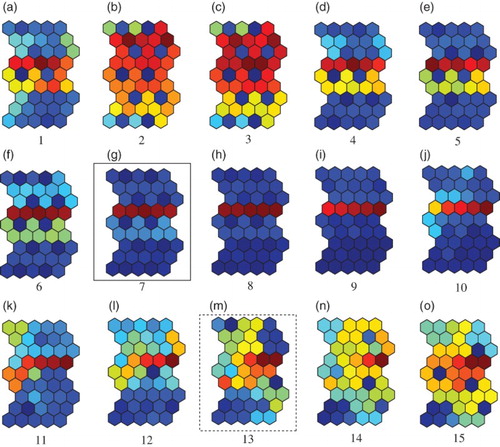 Figure 4. U-matrices with the optimal number of winners when the parameter β was increased from one (a) to 15 (o) for the Senate data.