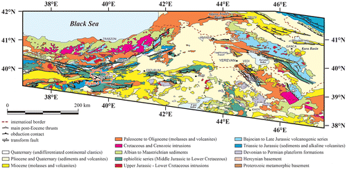 Figure 2. Structural map of the Lesser Caucasus–Eastern Pontides–Northeast Anatolides regions. Turkish zone modified from the 1:1 250, 000 geological map of Turkey (MTA 2011); the Georgian–Armenian zone of the Caucasus after Sosson et al. (Citation2010); the Iranian zone from Mederer (Citation2013).