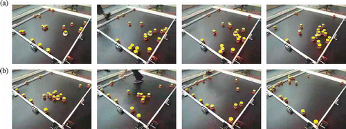 Figure 17. Illustration from the experiment described in the text. (a) Emergence of consensus to go towards the sun. (b) Impact of changing the sun location, which shows the human changing the sun location, and convergence of the robots to the new location.