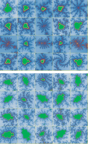 Figure 4. The 20 best-of-run views of the quadratic Mandelbrot set (upper) and the cubic Mandelbrot set (lower) found using a fitness function incorporating the first designed mask.