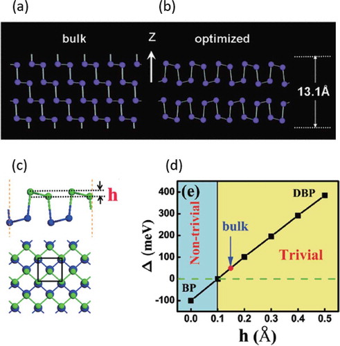 Figure 4. Relation between the surface buckling and topological band gap. Atomic arrangements of Bi(110) films with the (a) bulk-like rhombohedral structure and (b) BP-like structure. (c) Top and side views of the atomic arrangement at the surface of BP-like Bi(110) films, where h denotes the amplitude of the surface buckling. (d) Relation between the surface buckling and the band gap, where the topological transition occurs at h=0.1 Å. Reprinted with permission from (a,b) [Citation37] and (c,d) [Citation30]