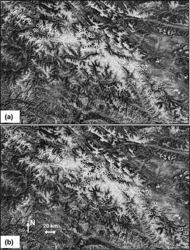 FIGURE 5 (a) Distribution of glacier surges observed during 1976–1990. (b) Distribution of glacier surges observed during 1990–2004. Numbers refer to glaciers listed in Table 1.