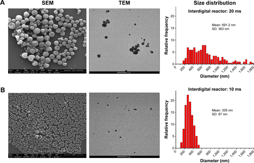 Figure S4 SEM, TEM micrographs and particle size distribution of PLGA nanoparticles synthesized with an interdigital micromixer at different conditions.Notes: (A) 20 milliseconds, (B) 10 milliseconds. QA =2QO, emulsification Ta =24°C.Abbreviations: PLGA, poly(d,l lactic-co-glycolic acid); SEM, scanning electron microscopy; TEM, transmission electron microscopy; SD, standard deviation.