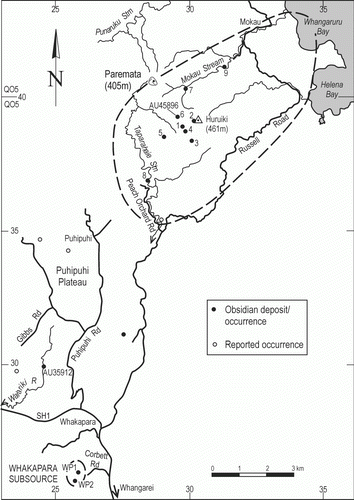 Figure 5  Map of the Huruiki source area. Dashed line indicates approximate extent of main source.