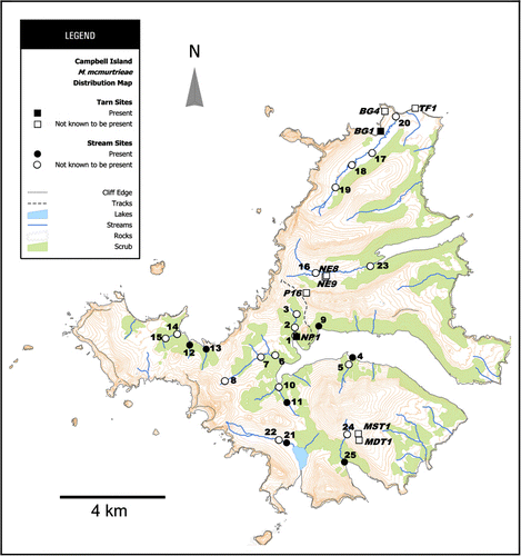Figure 1 Map of Campbell Island showing locations of sampled tarns (squares) and streams (circles). Open symbols are locations where M. mcmurtrieae may be present but from which some or all samples are yet to be processed (see Methods) and solid symbols are locations from which M. mcmurtrieae has been identified.