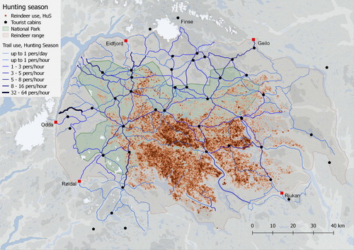 Figure 6. Trail Use Index (mean values for 2017 and 2018) and location of 95 GPS monitored reindeer in Hardangervidda NP area during hunting season (Aug 20–Oct 1) in the period of 2001–2018.