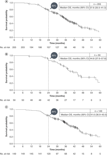 Figure 2. Overall survival in patients treated with sequential afatinib and osimertinib.(A) All patients; (B) Asian patients; and (C) patients with Del19-positive tumors.OS: Overall survival.