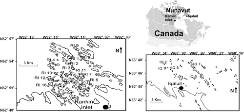 FIGURE 1 Map showing location of 5 study lakes and ponds in the Iqaluit region, and 15 study lakes and ponds in the Rankin Inlet region, Nunavut, Canada, 2006.