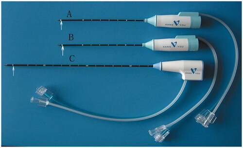 Figure 2. Photographs of MW antennae. (A) The 16-gauge antenna in this study is 10 cm over the entire length, and 3 mm between the narrow radiating segment and the tip of antenna. It is specially designed to treat superficial neck organ nodules less than 10 mm in diameter. (B) Usually, for tumours larger than 20 mm in diameter the antenna with 5 mm between the narrow radiating segment and the tip of the antenna was used. (C) The 14-gauge antenna, 20 cm over the entire length, 11 mm between the narrow radiating segment and the tip of antenna (arrow), is used for abdominal tumours.
