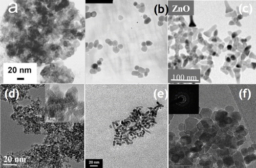 Figure 3. TEM micrograph of ZnO and CeO2 nanoparticle produced by various routes. (a) Wurtzite ZnO nanoparticles precipitated in aqueous solution at pH 8 and 37 °C. Reprinted from Bauermann et al [Citation71] © (2006) American Chemical Society. (b) ZnO wurtzite nanocrystals formed by solvothermal reaction in ethanol (scale bar 200 nm) [Citation77]; (c) bullet-shaped ZnO nanocrystals wurtzite nanocrystals prepared by thermal decomposition of zinc stearate in 1-octadecene in the presence of octadecylamine. Reprinted from Jana et al [Citation79] © (2004) American Chemical Society. (d) TEM and corresponding high-resolution-TEM images of CeO2 nanoparticles synthesized from cerium (IV) and ammonium carbonate aqueous solutions under reflux conditions. Reprinted from Sutradhar et al [Citation97] © (2011) American Chemical Society. (e) Hydrophilic ceria nanoparticles synthesized from ammonium cerium (IV) nitrate in water by supercritical flow method at 400 °C. Reprinted from Slostowski et al [Citation100] © (2012) American Chemical Society. (f) Hydrophilic ceria nanoparticles synthesized from the Ce(CO3)2·3H2O + NH4OH + H2O2 system using acetic acid in water by a hydrothermal method and corresponding electron diffraction pattern. Reprinted from Tok et al [Citation86], © (2007), with permission from Elsevier.