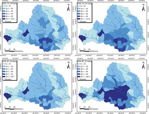 Fig. 5 Spatial distribution of mean annual runoff under INM scenarios.