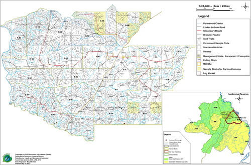 Figure 1. Map of harvest blocks sampled for logging emissions and associated infrastructure located in forests harvested in Iwokrama. Inset map shows the division of Iwokrama into a sustainable utilization zone (SUA) and a wilderness preserve (WP).