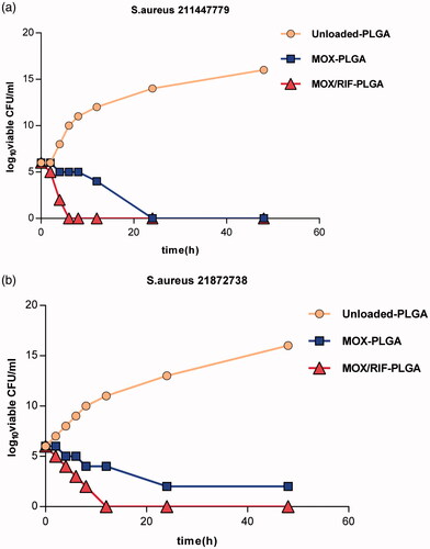 Figure 4. Results of the time-kill assay of the unloaded PLGA, MOX–PLGA and RIF/MOX–PLGA microspheres (a,b).